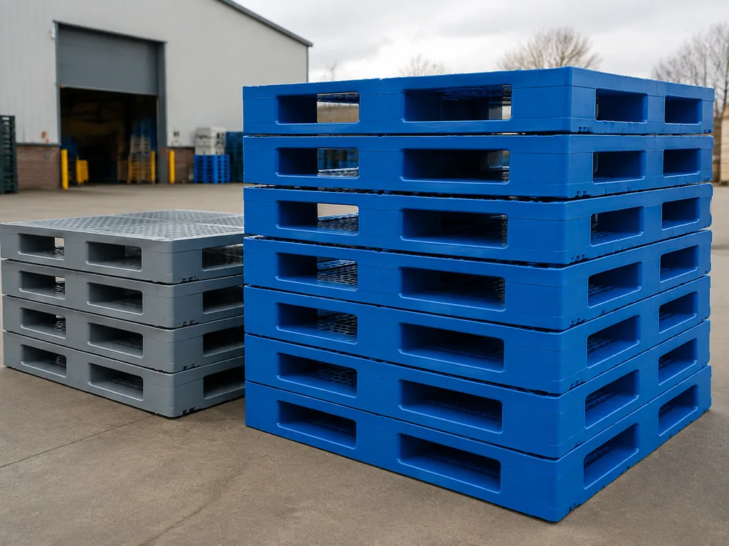 Blue and grey reusable plastic pallets stacked at a warehouse
